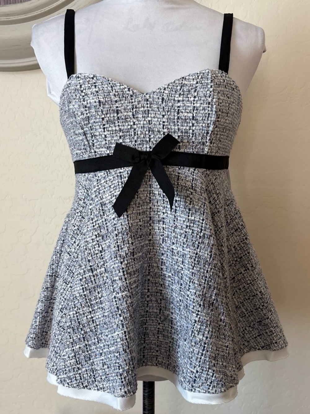 Zara Black and White Tweed Bow Tank Top. S